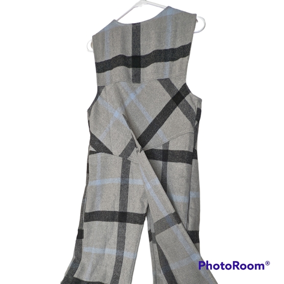 Favlux Long Plaid Vest Women's Size S Gray Blue Black Open Front With Pockets - Picture 5 of 11